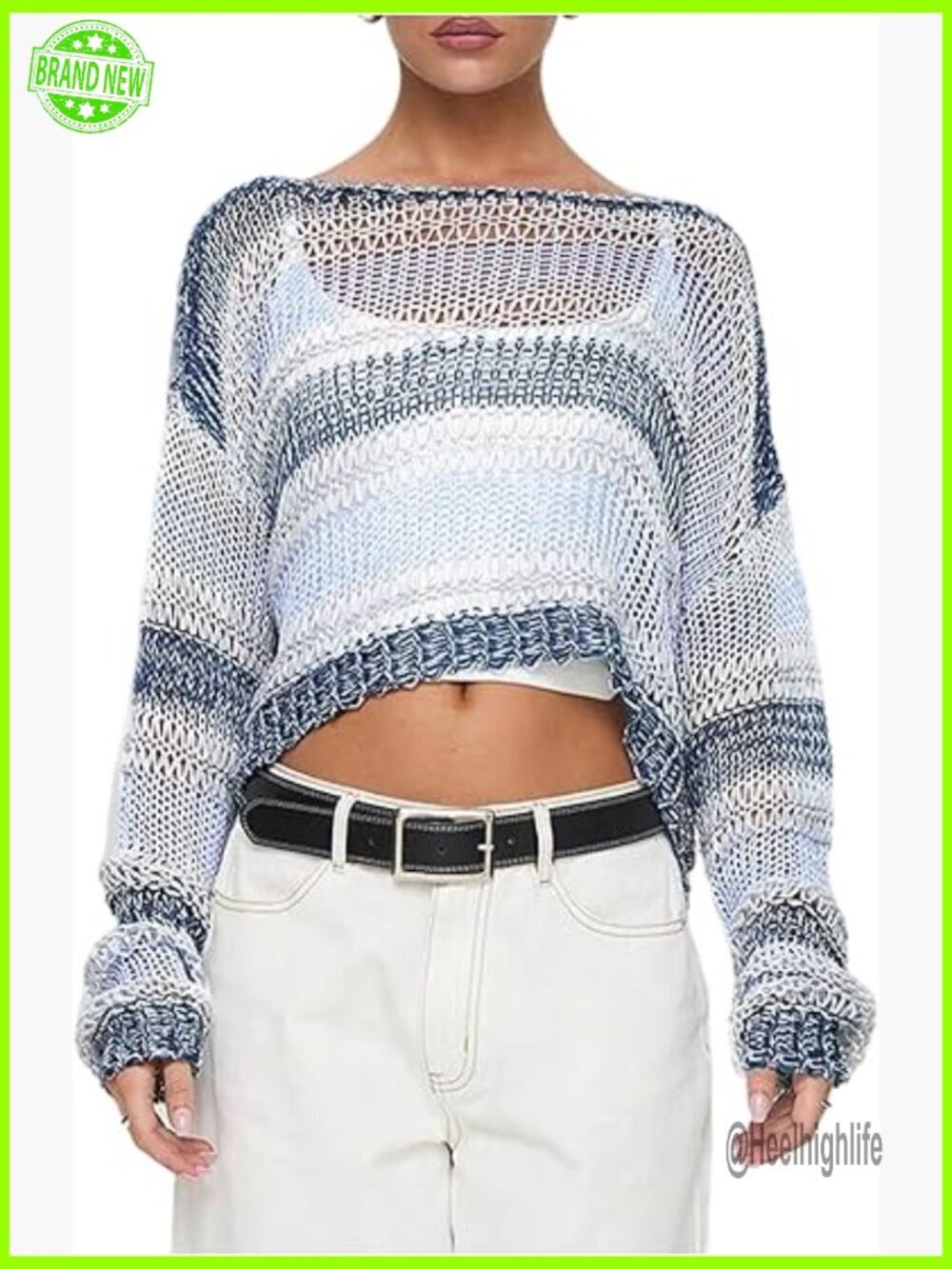 Striped Crochet Pullover Sweater Boat Neck Loose Fit Crop Top Long Sleeve